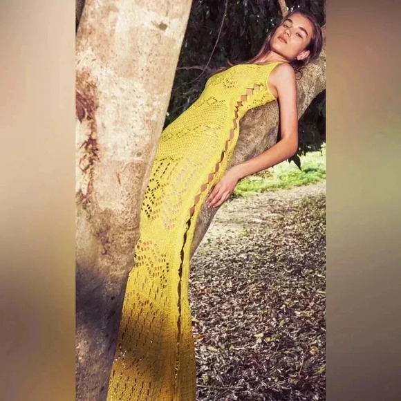 ALEXIS Crochet Maxi Dress Yellow L Sleeveless Cutout Coverup Bodycon Knit $825 - Picture 3 of 10